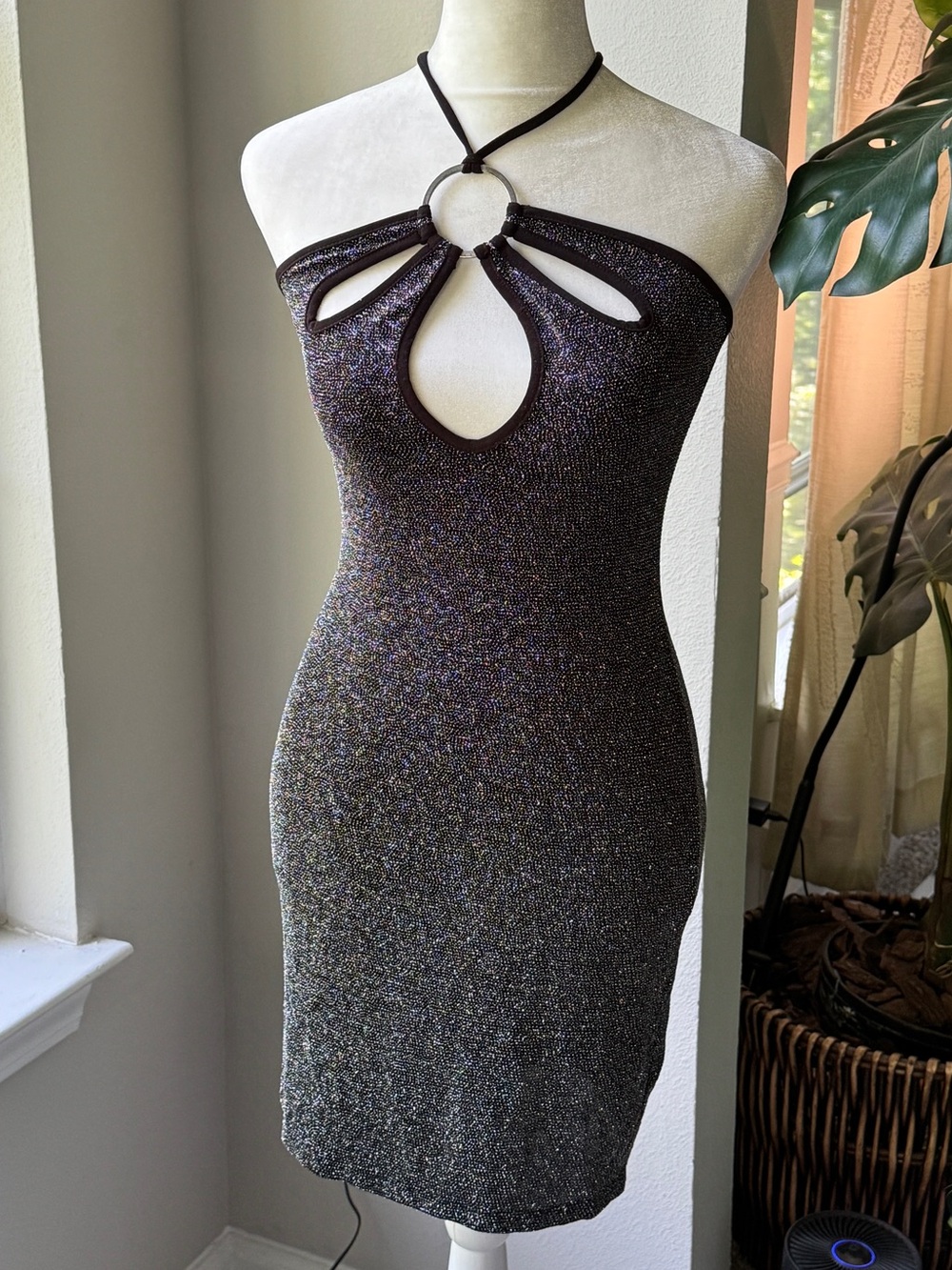 Black Sparkle Halter Mini Dress